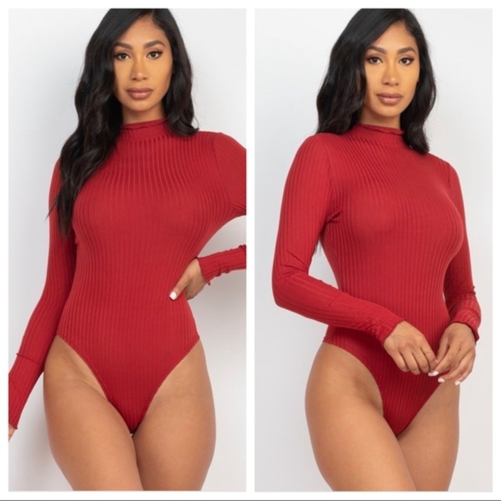 WOMENS RUST RIBBED LONG SLEEVE MOCK‎ NECK BODYSUIT